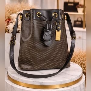 Dooney & Bourke Black Gold Vintage‎ Shoulder Bag Perforated Drawstring Saddle